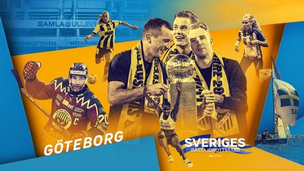 Bildcollage i blått och gult, med olika idrottsmän och kvinnor med Göteborgskoppling 