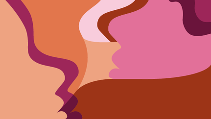 Illustration med  ansikten i siluetter i olika tonar av rött och rosa