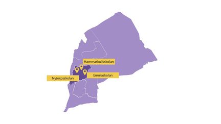 En lila karta över Hammarkullsområdet. Emmaskolan, Hammarkullsskolan och Nytorpsskolan är markerade på kartan. 