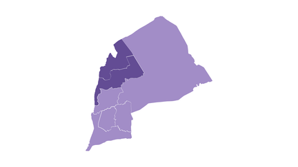 En lila karta över nordöstra Göteborg. Områdena norra och centrala Angered är markerade i en mörkare nyans.
