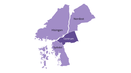 Karta över Göteborgs geografiska områden med centrum markerat