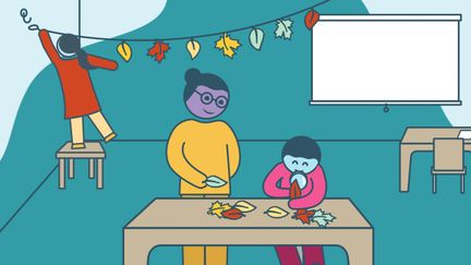 Illustration med två elever och en lärare som skapar en girlang av löv som de hänger upp i klassrummets tak.