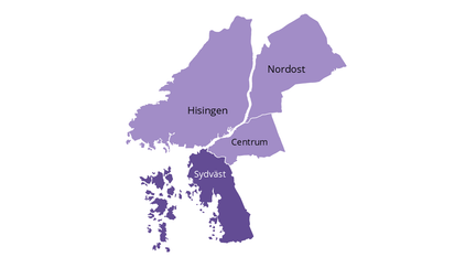 Karta över Göteborgs geografiska områden med sydväst markerat