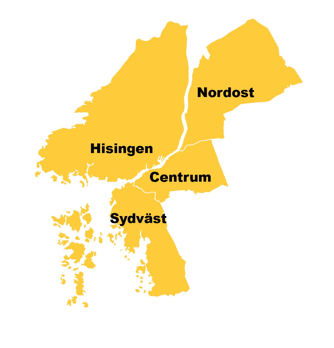 Karta som visar de fyra utbildningsområdena; Nordost, Hisingen, Centrum och Sydväst.