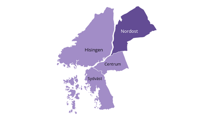 Karta över Göteborgs geografiska områden med nordost markerat