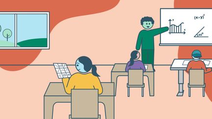 Illustration med ett klassrum där tre elever sitter på sina platser och en lärare förklarar diagram vid tavlan.