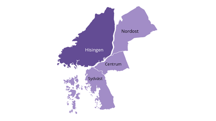 Karta över Göteborgs geografiska områden med Hisingen markerat