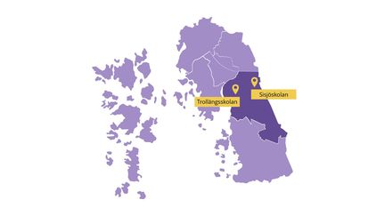 Karta över centrum med skolorna Landala-, Guldhed-, och Mossebergsskolan markerade
