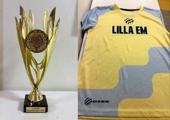 Bild på pokal och lagtröja i gult och grått.