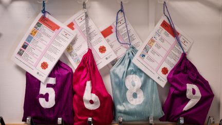 Olikfärgade påsar märkta med nummer 5-9 och tillhörande instruktioner hänger från krokar