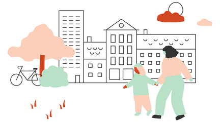 Illustration av barn och vuxen som promenerar utomhus.