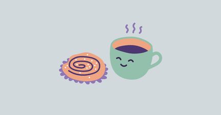En illustration av en kanelbulle och en kaffekopp.