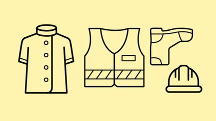 Illustration av en kockrock, en varselväst, en stövel och en hjälm.