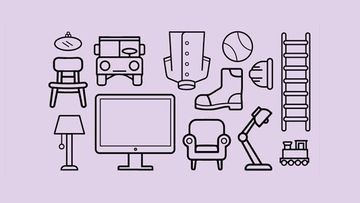 Illustration med bilder på möbler, fordon, IT-produkter och kläder.