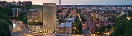 Bilden är en visonsbild över studentbostäder och verksamhetslokaler som byggs i och omkring före detta Holtermanska sjukhuset vid Chalmers i Göteborg. Bildcred INOBI_Soul