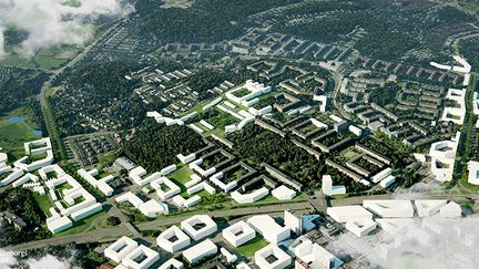 flygbild över Tynnered med utplacerade som visar planerad bebyggelse