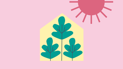 Illustration i pastellfärger som visar tre växtblad inuti ett hus. Utanför skiner solen.