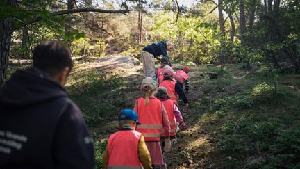 Två vuxna och ett antal barn går på led ute i skogen.