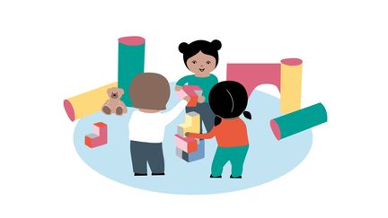 Illustration där barn bygger med klossar i förskolemiljö.