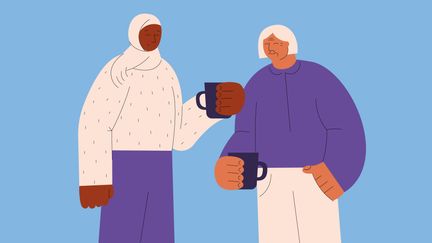 Illustration av två glada äldre personer med varsin kopp i handen