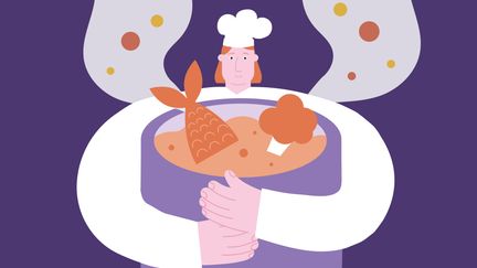 Illustration av en person som håller om en stor gryta med rykande mat
