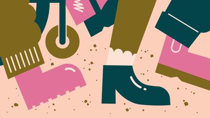 Illustration av rullstolshjul och många olika personers fötter som går i staden