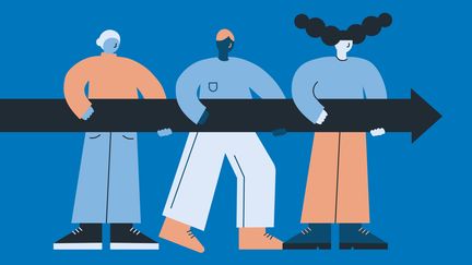 Illustration av t personer håller tillsammans i en stor pil