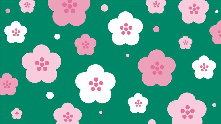 Illustration vita och rosa blommor på grön botten.