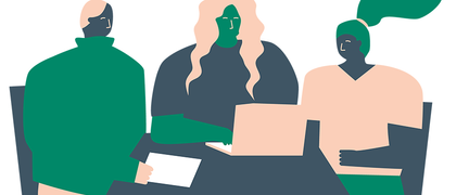 En illustration med tre personer som sitter vid ett bord och pratar.