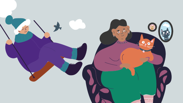 Äldre personer som gör det de gillar. Som att gunga och sjunga. Illustration
