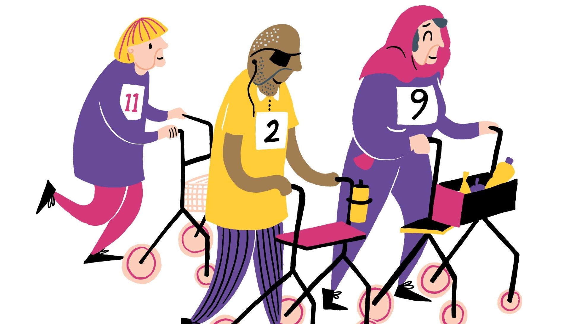 Illustration av tre personer som går med rullator. 