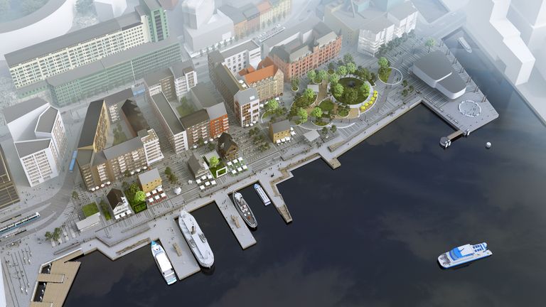 Visionsbild av hur Skeppsbron ska se ut med nya bryggor och hus