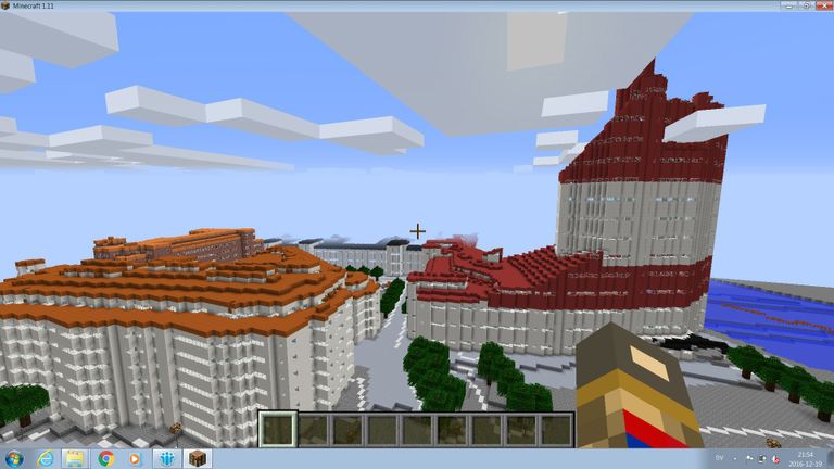 vy från Minecraft där man digitalt kan bygga en stad 