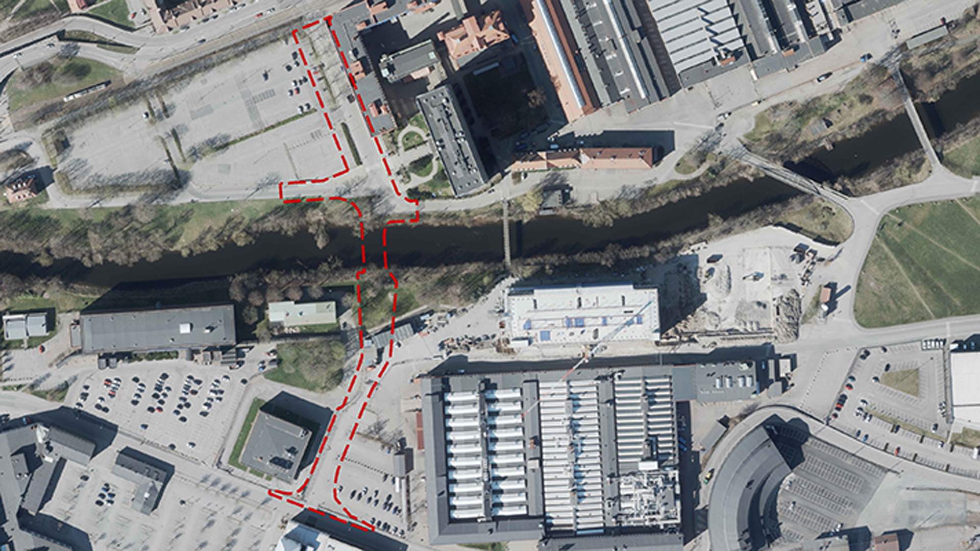 Kartbild som visar hur Hornsgatan ska förlängas, det kommer att göras en bro över Säveån