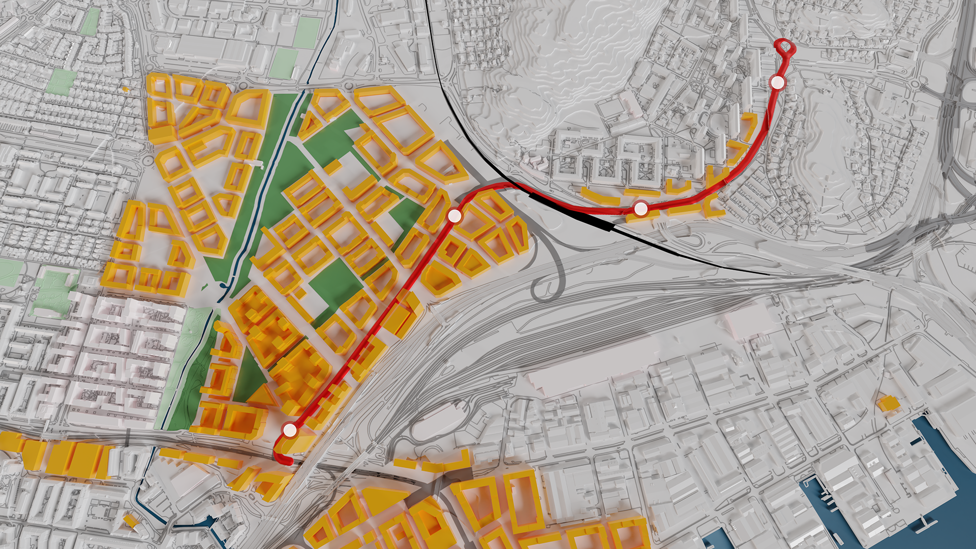 Grafik, kartvy där sträckan mellan Brunnsbo och Hjalmar Brantingsplatsen är markerad
