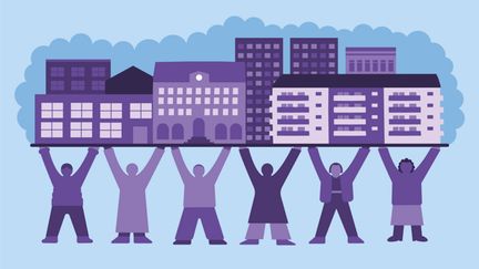 Illustration som visar personer som lyfter upp hus tillsammans