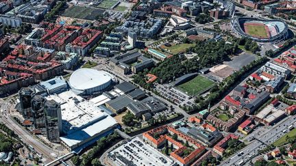 Flygbild som visar evenemangstråket som går utanför Ullevi fram till Korsvägen