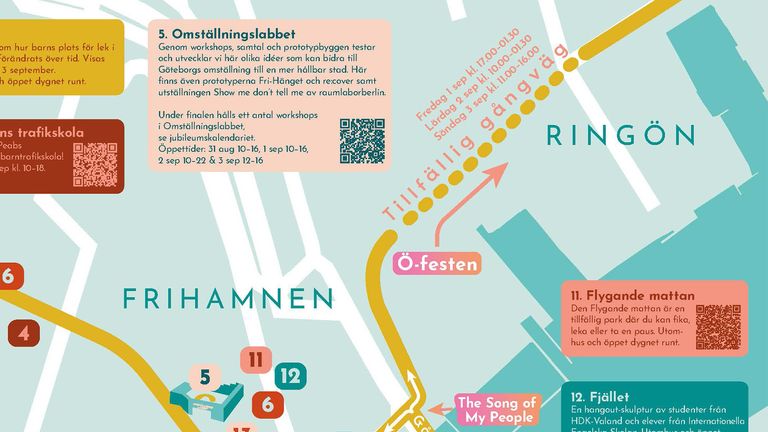 Del av en illustration av karta över Ringön och Frihamnen där en tillfällig gångbana är uppstreckad mellan de olika områdena.