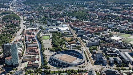 Flygbild över evenemagsområdet med Ullevi i mitten