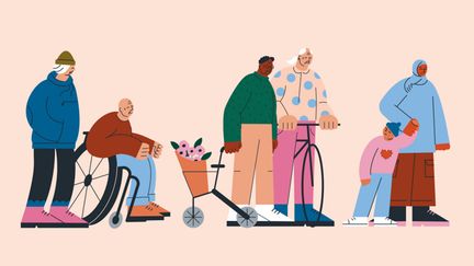 illustration som visar personer som står i kö