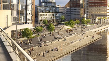 Kajstråk vid centralen området. Människor står på gatan brevis byggnaden läppstiftet.