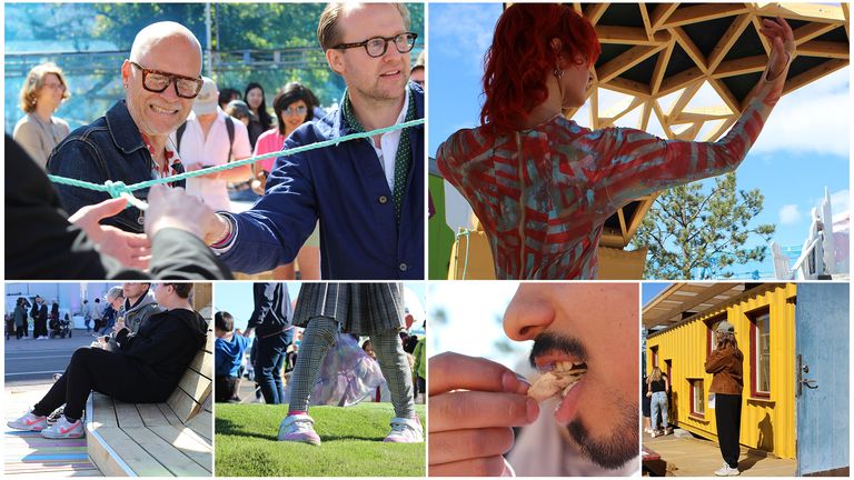 Kollage av bilder från invigningen av Prototyp Göteborg med bilder av när invigningssnöret drogs, en dansare, några som äter och barn på en bubblig gräsmatta.