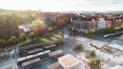 Korsvägens nya resecentrum med grönt tak och nya hållplatser