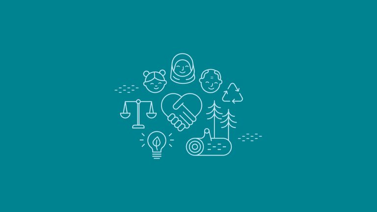 Illustration med olika delar som ingår i hur man planerar stad, människor, byggnader och natur