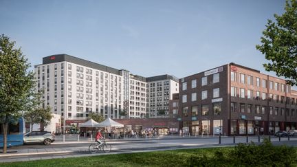 Visionsbild av Opaltorgets höga vita byggnader