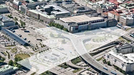 Flygvy över Nordstan med vitmarkering över planerad byggmark.
