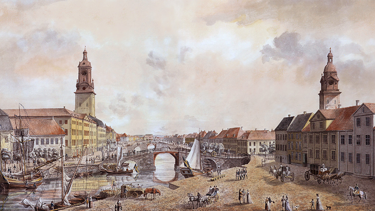 Illustration av stora hamnkanalen från 1600-talet