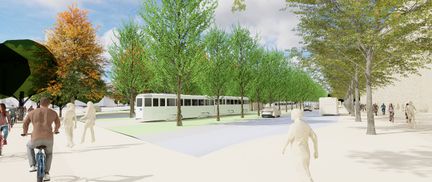 En tillyxad och kantig bilr som visar i ett väldigt tidigt blid av hur en korsning vid Hjalmar Brantinggatan skulle kunna se ut, i en vy mot söder.