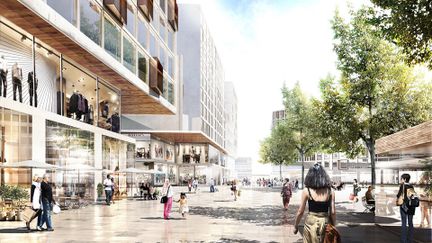 Visionsbild av stråk med handelsbyggnader. På gatan promenerar fotgängare.