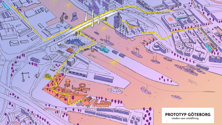 Illustration som visar hur Prototyp Göteborgs gångstråk kommer gå över Frihamnen och centrala staden.